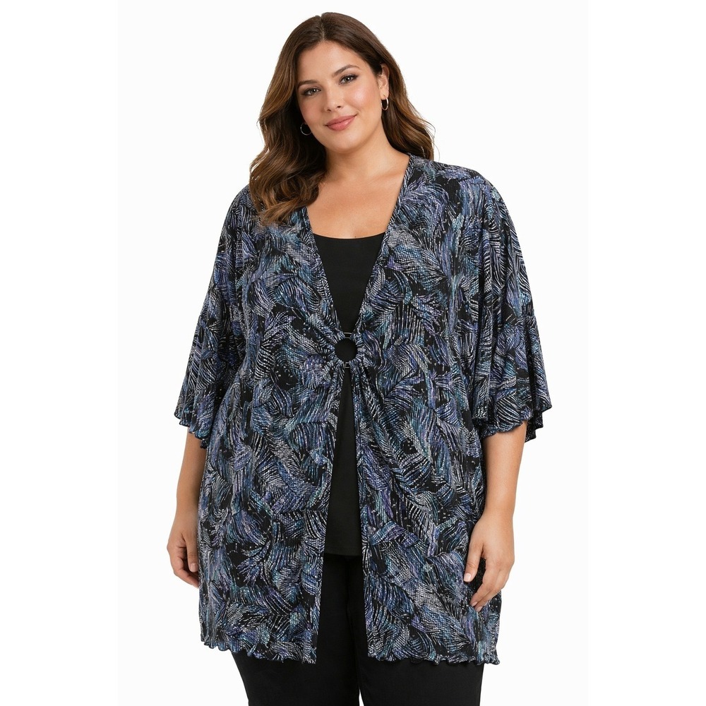 Maggie Barnes Plus 3XL Black Blue Leaf Print O Ring Front Top Flutter Sleeve
